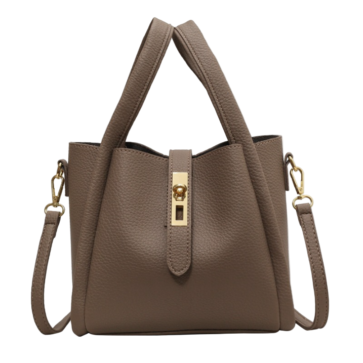 Mirea handbag with gold accents on a white background